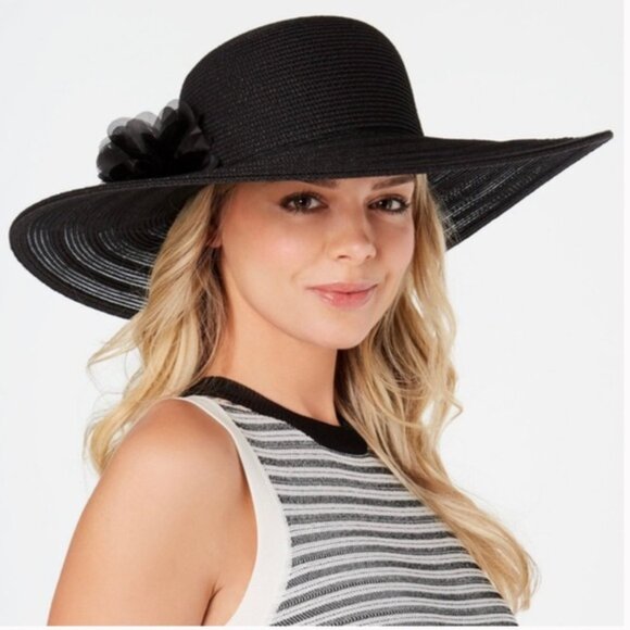 Nine West Floppy Hat Wide Brim All Season Summer Flower Applique Black OS - Picture 3 of 16